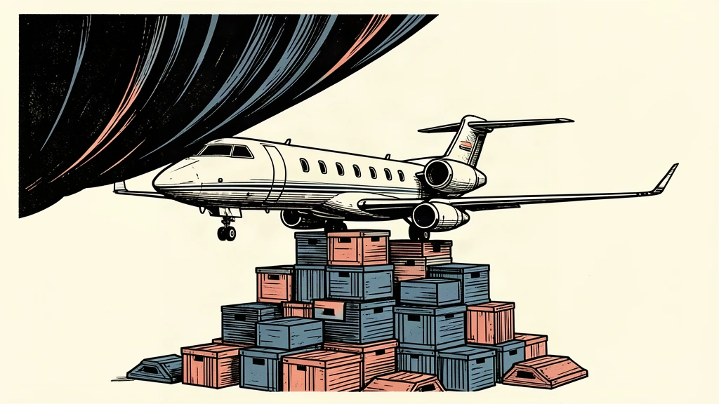 A business jet balanced on a narrowing ledge, blocked by a descending barrier but supported by a stack of crates.