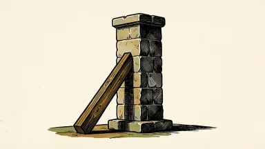 First Bancorp rating downgrade: a solid stone pillar is slightly tilted by a wooden lever on a plain ivory background.