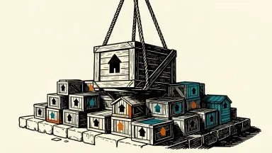A large crate with a house icon is lowered onto a stack of similar crates on a stone base.