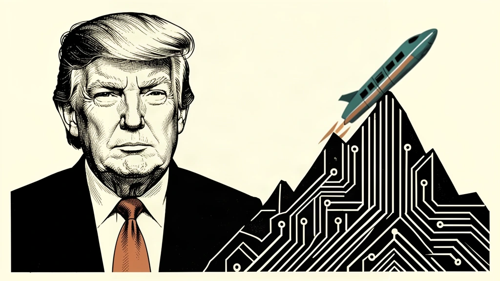 An editorial illustration showing a portrait of Donald Trump next to a rising geometric circuit board structure representing technological acceleration. Identity photo references adapted into illustration: Daniel Torok (Public domain; https://commons.wikimedia.org/wiki/File:Official_Presidential_Portrait_of_President_Donald_J._Trump_(2025).jpg); source https://commons.wikimedia.org/wiki/File:Official_Presidential_Portrait_of_President_Donald_J._Trump_(2025).jpg