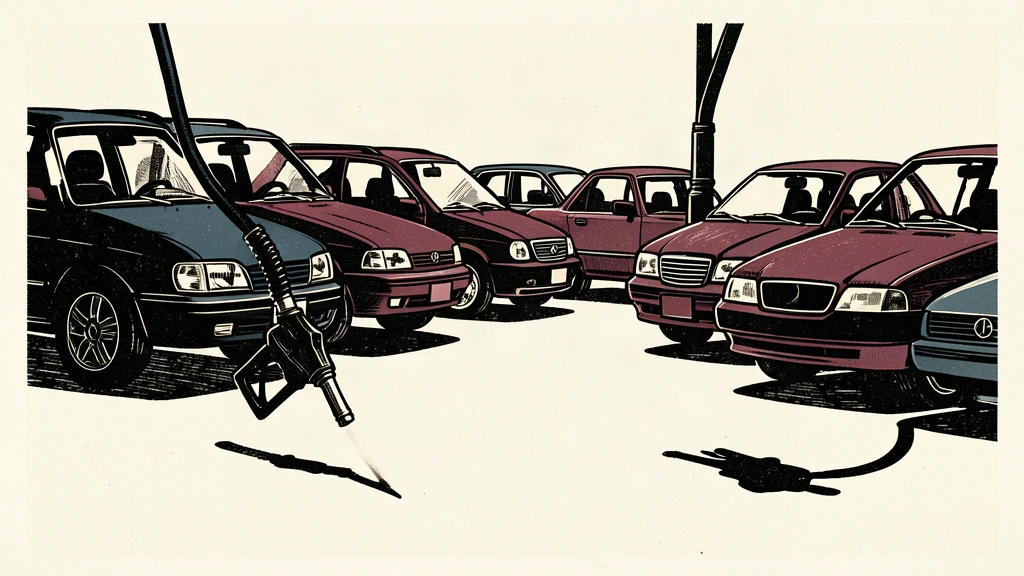 An editorial illustration showing a line of cars waiting for a single, dry fuel nozzle, representing gasoline shortages.