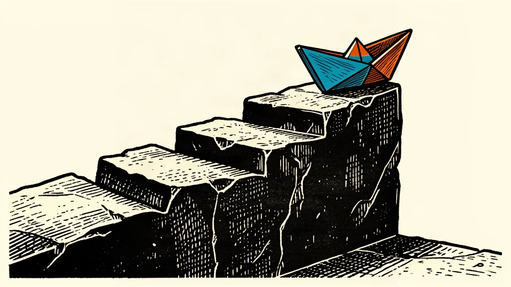 An editorial illustration showing a small paper boat at the edge of a high, jagged stone step, symbolizing a call for business risk-taking.