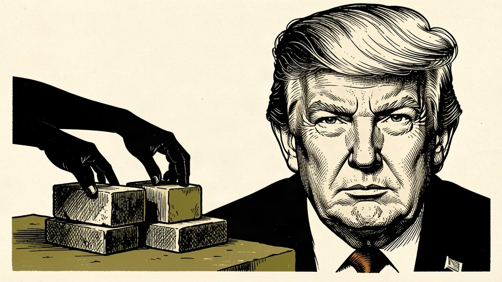 A portrait of Donald Trump next to two hands coordinating the alignment of stone blocks. Identity photo references adapted into illustration: Daniel Torok (Public domain; https://commons.wikimedia.org/wiki/File:Official_Presidential_Portrait_of_President_Donald_J._Trump_(2025).jpg); source https://commons.wikimedia.org/wiki/File:Official_Presidential_Portrait_of_President_Donald_J._Trump_(2025).jpg