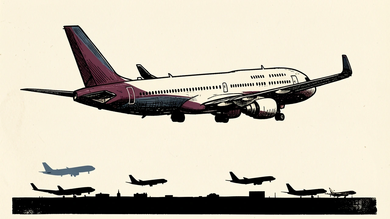 Ryanair and IAG positioned for growth as competitors reduce capacity: a large commercial jet flies high above several smaller descending aircraft silhouettes.