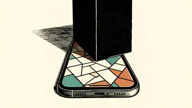 An editorial illustration of a smartphone bisected by a heavy black regulatory barrier that obscures half of the device.