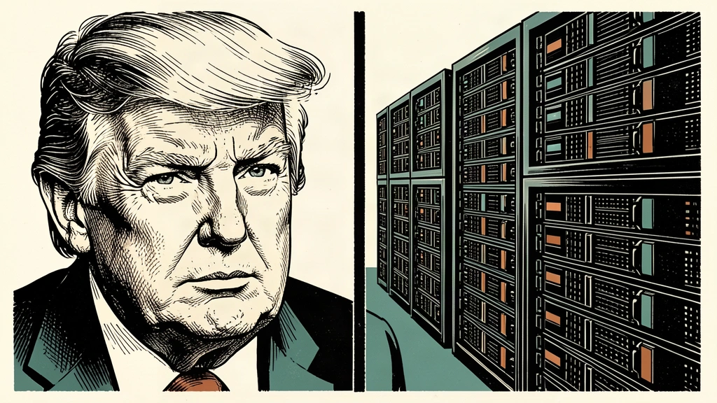 An editorial illustration showing a portrait of Donald Trump looking toward a group of server racks that are separated by a stark visual divide. Identity photo references adapted into illustration: Daniel Torok (Public domain; https://commons.wikimedia.org/wiki/File:Official_Presidential_Portrait_of_President_Donald_J._Trump_(2025).jpg); source https://commons.wikimedia.org/wiki/File:Official_Presidential_Portrait_of_President_Donald_J._Trump_(2025).jpg
