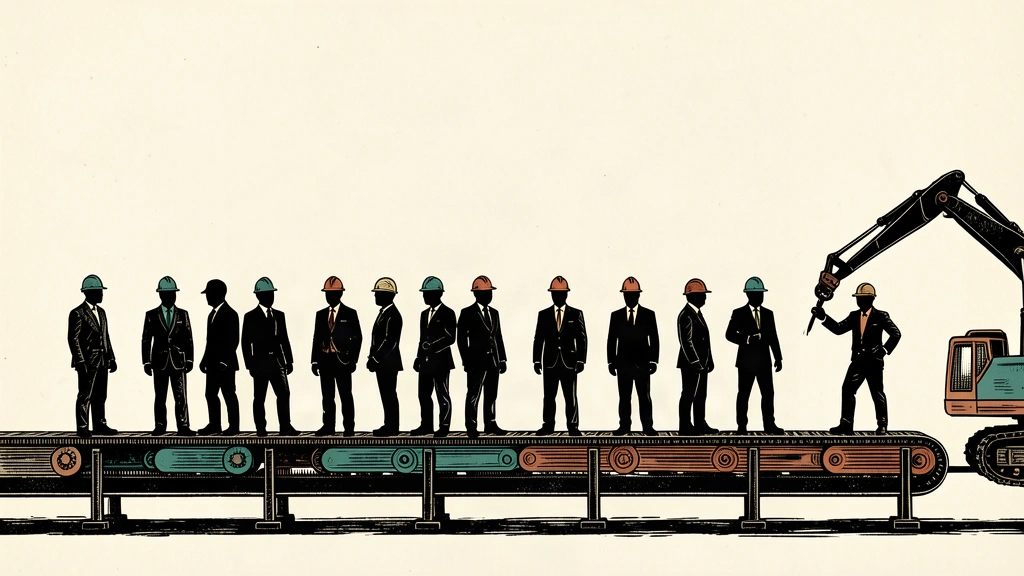 An editorial illustration showing a line of worker silhouettes on a conveyor belt with one new silhouette being added at the end to represent a slight increase in employment.