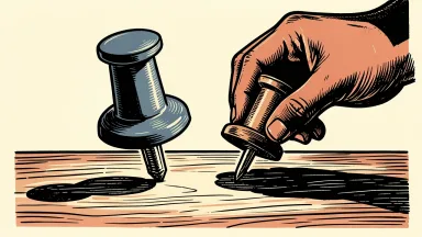 Pinterest leadership transition: two large pushpins are positioned side-by-side on a wooden surface by a pair of hands.