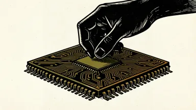 An editorial illustration showing a large silicon chip being held by a dark silhouette of a hand, representing a government stake in a technology company.