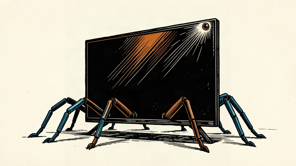 An editorial illustration of a smart TV with mechanical limbs reaching out from behind the frame to probe its surroundings.