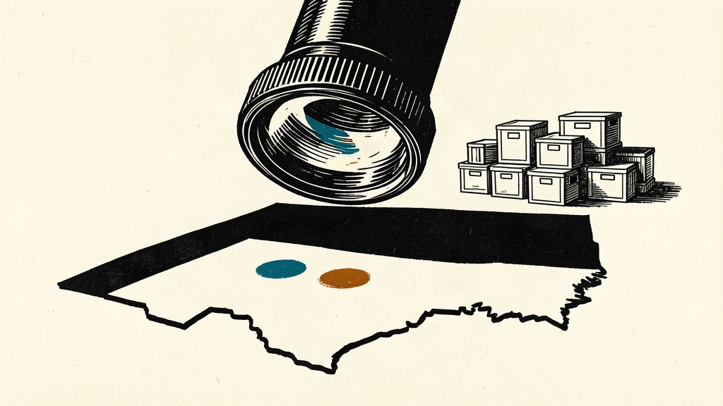 An editorial illustration showing a microscope lens focused on two dark spots on a map, with a thick black wall separating the area from distant aid crates.