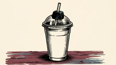 Dutch Bros price target cut: a heavy metal weight rests on the domed lid of a plastic coffee cup, compressing the straw.