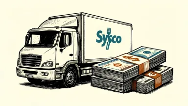 Sysco secures funding for Jetro acquisition: a Sysco delivery truck parked next to large bundles of dollar and euro notes.
