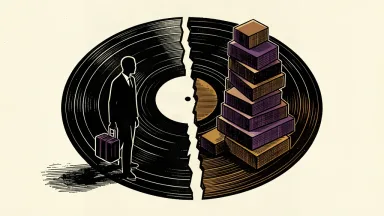 An editorial illustration of a silhouette with a suitcase standing on one half of a cracked vinyl record, looking away from a heavy stack of slabs weighing down the other side.
