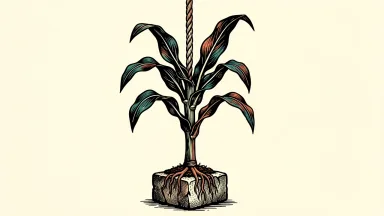 Corteva raised to Overweight by JP Morgan: a tall corn stalk rooted in a heavy stone block being lifted by a rope.
