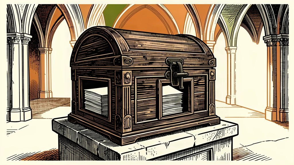A locked wooden chest containing a stack of bonds sits on a pedestal in a quiet hall, representing the Bank of England's decision to hold notes to maturity.