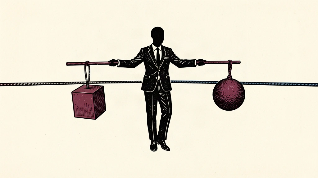 A silhouette of a person balancing on a tightrope while holding a pole with two different weights on either end.