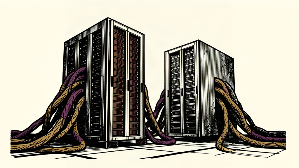 An editorial illustration of two large industrial server racks connected by a dense network of heavy cables, representing the deployment of a multi-rack AI cluster.