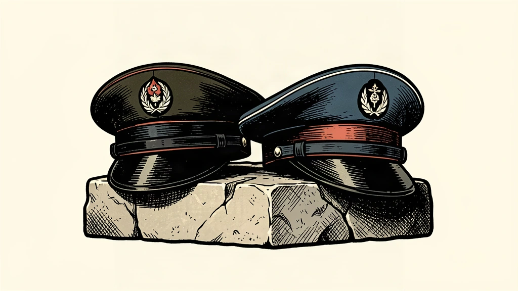 An editorial illustration showing two different military caps bound together by a heavy iron ring, symbolizing a unified alliance.