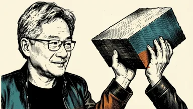 Nvidia CEO Jensen Huang beside a pair of hands lifting a massive stone block, representing AI's role in helping Korea punch above its weight. Identity photo references adapted into illustration: Photographer: Peter Dasilva (CC BY 4.0; https://creativecommons.org/licenses/by/4.0); source https://commons.wikimedia.org/wiki/File:Jensen_Huang_(cropped)_(2024).jpg