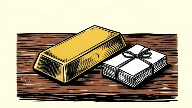 Goldman Sachs third-quarter investment-banking fees depicted as a gold bar beside a tied stack of papers.