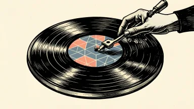Universal Music Group integrates AI into its operations: a digital grid of tiles emerges from the center of a vinyl record as a hand positions a stylus.