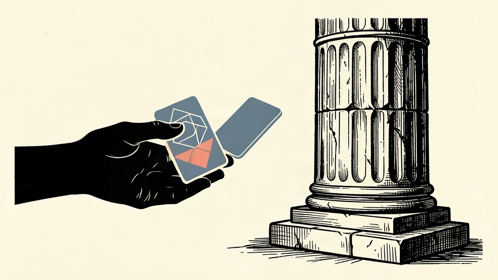 An editorial illustration showing a hand presenting a digital license tile to a massive stone pillar, symbolizing OpenAI's offer to government agencies.