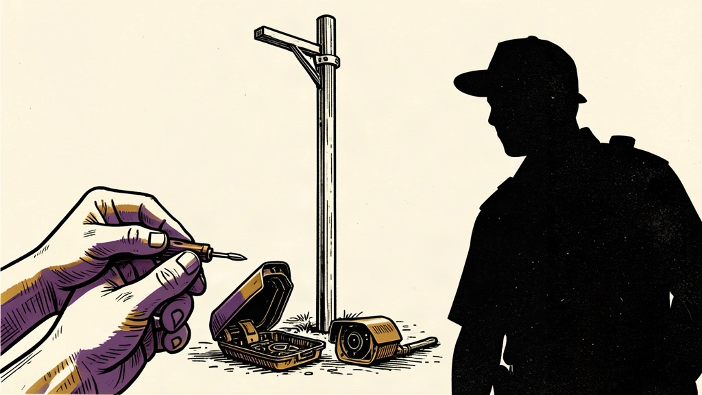 An editorial illustration showing a dismantled surveillance camera on the ground beneath an empty pole, with a looming shadow of an officer approaching.