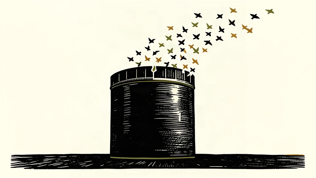 An editorial illustration of a large oil storage tank where the upper half is transforming into a flock of birds flying away, symbolizing a long-term decline in demand.