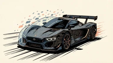 CrowdStrike CEO emphasizes cybersecurity in the AI race: a high-speed racing car protected by a digital shield as it moves through data.