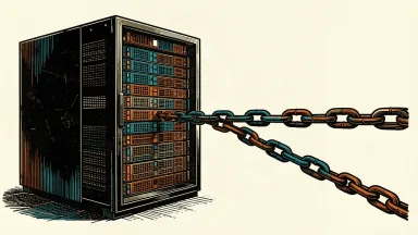 Oracle shares under pressure following a force majeure notice: a server rack module is pulled outward by a heavy industrial chain.
