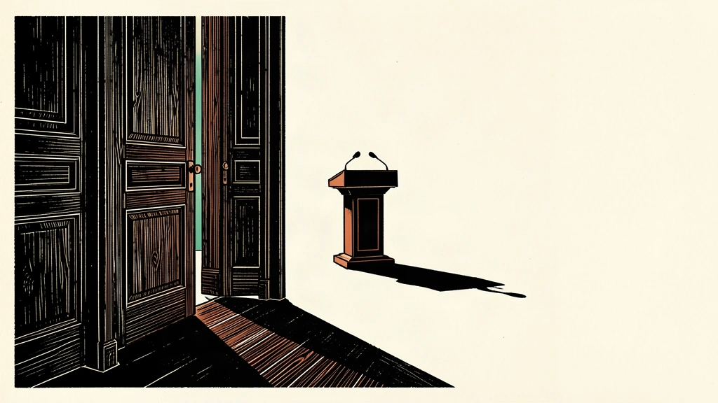 An editorial illustration of a heavy door left slightly open toward a distant, empty speaker's podium.