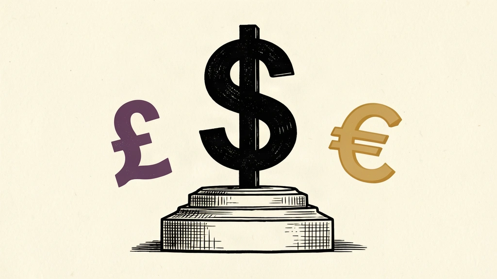 A large dollar sign stands on a high platform while a pound and euro symbol fall below its level.