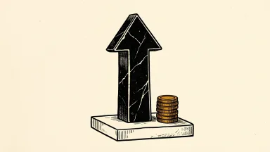 Versigent price target raised: a dark stone arrow rising beside a stack of gold coins.