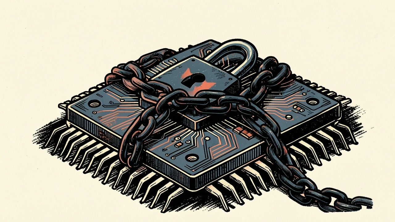 Nasdaq falls on AI financing concerns: a large computer chip is bound by a heavy chain and a locked padlock.