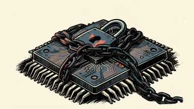 Nasdaq falls on AI financing concerns: a large computer chip is bound by a heavy chain and a locked padlock.