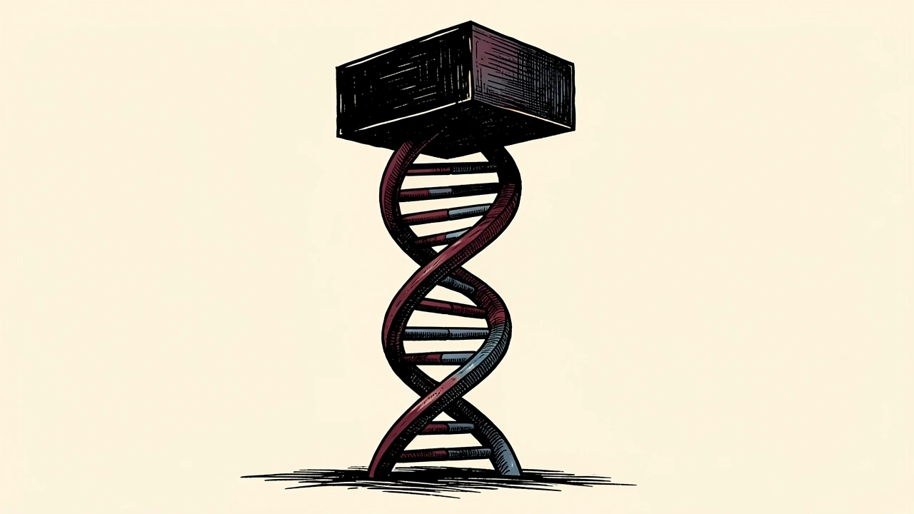 Intellia Therapeutics under pressure from a bearish analyst rating: a heavy block rests on top of a vertical DNA helix.