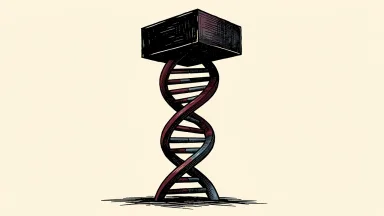 Intellia Therapeutics under pressure from a bearish analyst rating: a heavy block rests on top of a vertical DNA helix.