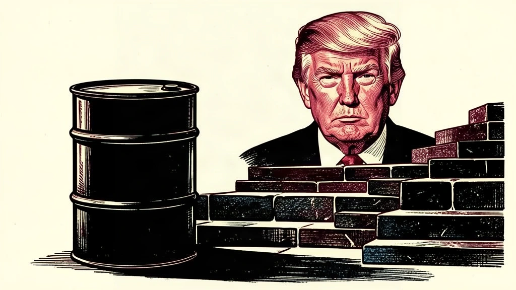 An editorial illustration showing a large oil barrel at the base of rising steps, with a portrait of Donald Trump in the background. Identity photo references adapted into illustration: Daniel Torok (Public domain; https://commons.wikimedia.org/wiki/File:Official_Presidential_Portrait_of_President_Donald_J._Trump_(2025).jpg); source https://commons.wikimedia.org/wiki/File:Official_Presidential_Portrait_of_President_Donald_J._Trump_(2025).jpg
