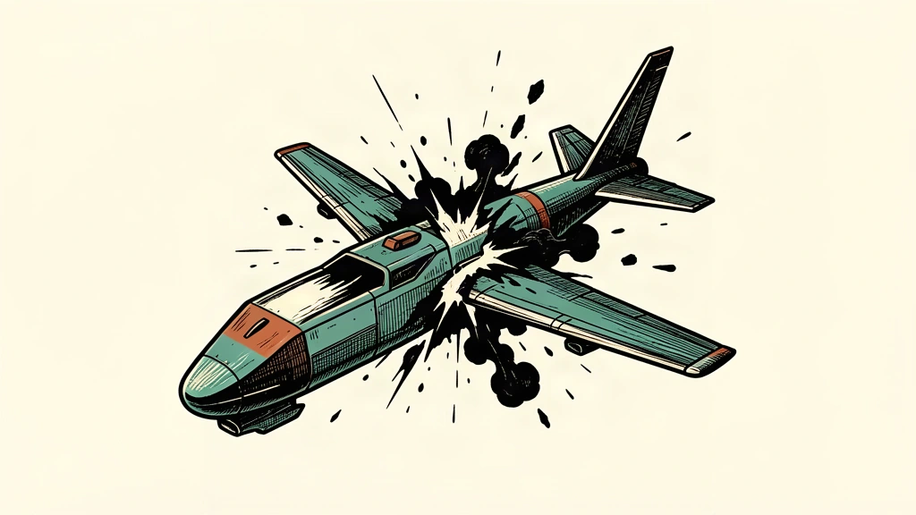 An editorial illustration showing a windowless military drone breaking apart in mid-air with a dark smoke plume.