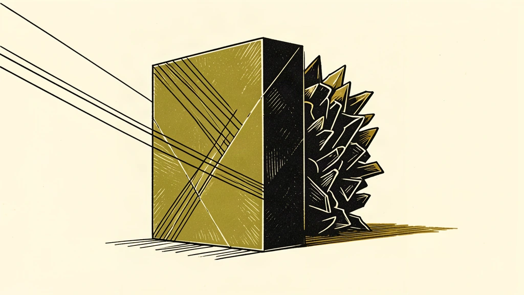 An editorial illustration showing a smooth, upright monolith that appears perfectly aligned with straight guide wires, while a dark, chaotic mass is visible through its surface, suggesting hidden internal complexity.