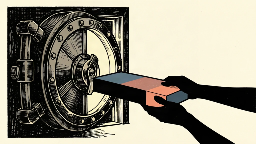 An editorial illustration showing a vault door opening as hands move a large asset block toward a potential sale.