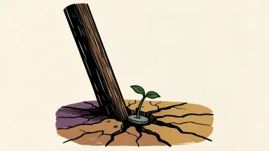 PG&E's stock is at a deep discount as its CEO urges wildfire liability reform; a leaning utility pole and a weighted sprout illustrate the pressure.