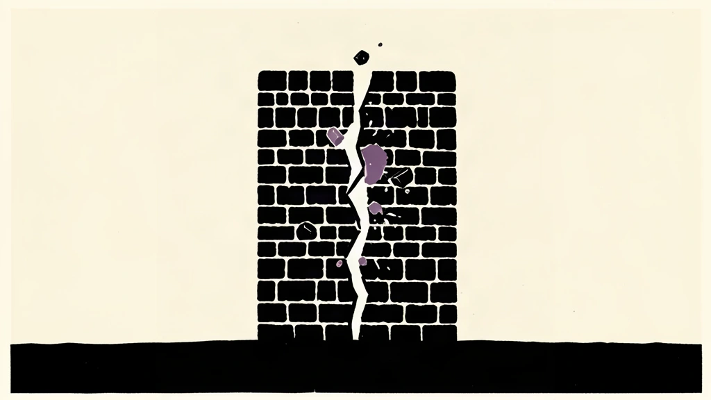 A linocut illustration of a heavy stone tower splitting apart from a central fracture.
