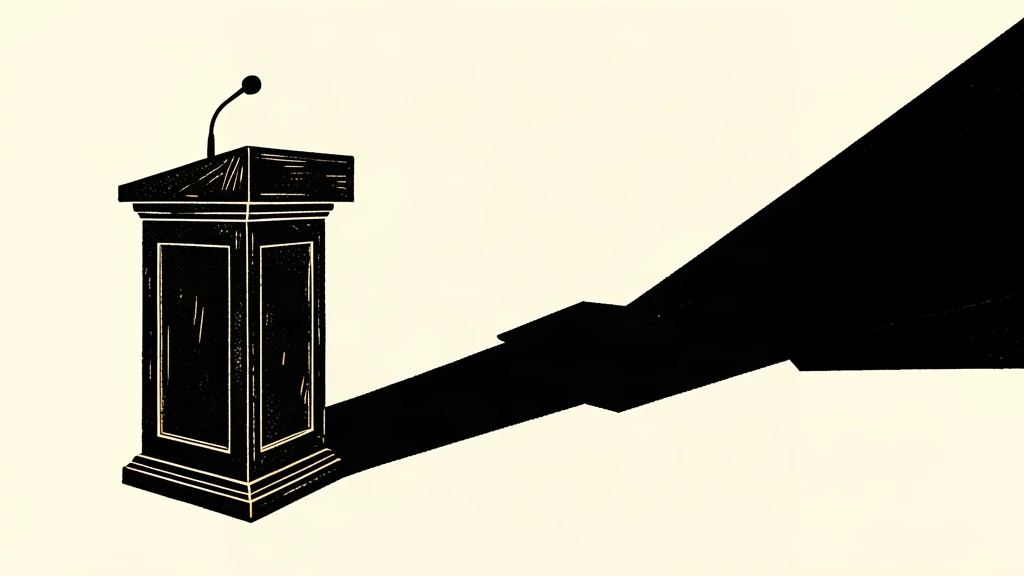 An editorial illustration showing a podium facing a sharp, aggressive shadow stretching across the floor.