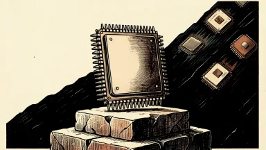 Nvidia stock resilience: a large Nvidia microchip stands firm on a pedestal while other generic chips slide down a slope.