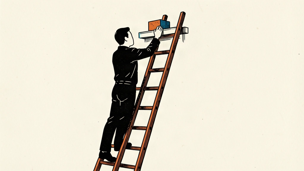 An editorial illustration showing a worker on a ladder adding a single block to a small row on a high ledge, representing a slight increase in employment.