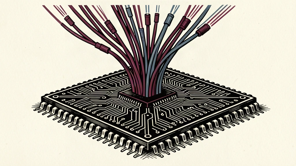 A high-tech networking chip with fiber optic cables emerging from its surface to represent AI data center connectivity.