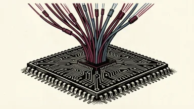 A high-tech networking chip with fiber optic cables emerging from its surface to represent AI data center connectivity.