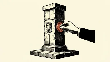 Ares Management credit rating affirmation: a solid stone pillar stands on a level base as a large hand applies a seal to its surface.
